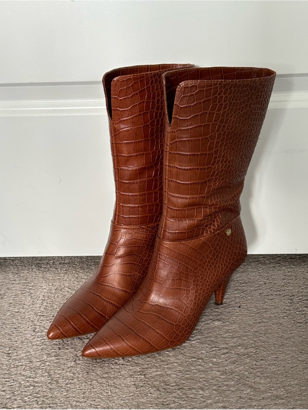 Louise Et Cie Winslow Women's Croc-Embossed Pointed Toe Mid-Calf Boots - Brown